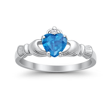 Heart Shape Simulated Blue Topaz CZ Claddagh Wedding Ring 925 Sterling Silver
